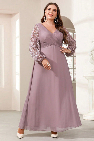 Robe de mère de la mariée à manches longues en mousseline de soie violette avec appliques